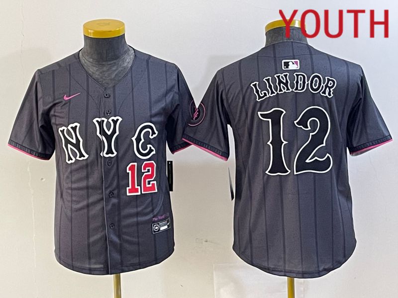 Youth New York Mets 12 Lindor Black City Edition 2024 Nike MLB Jersey style 3